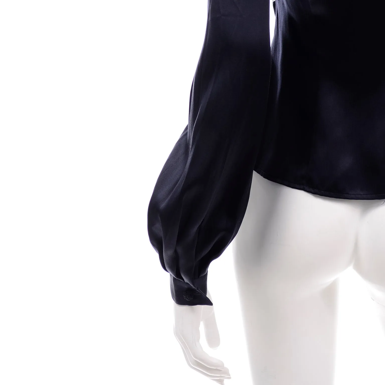 1970s Valentino Black Silk Blouse w/ Chevron Sheer Lace Inserts