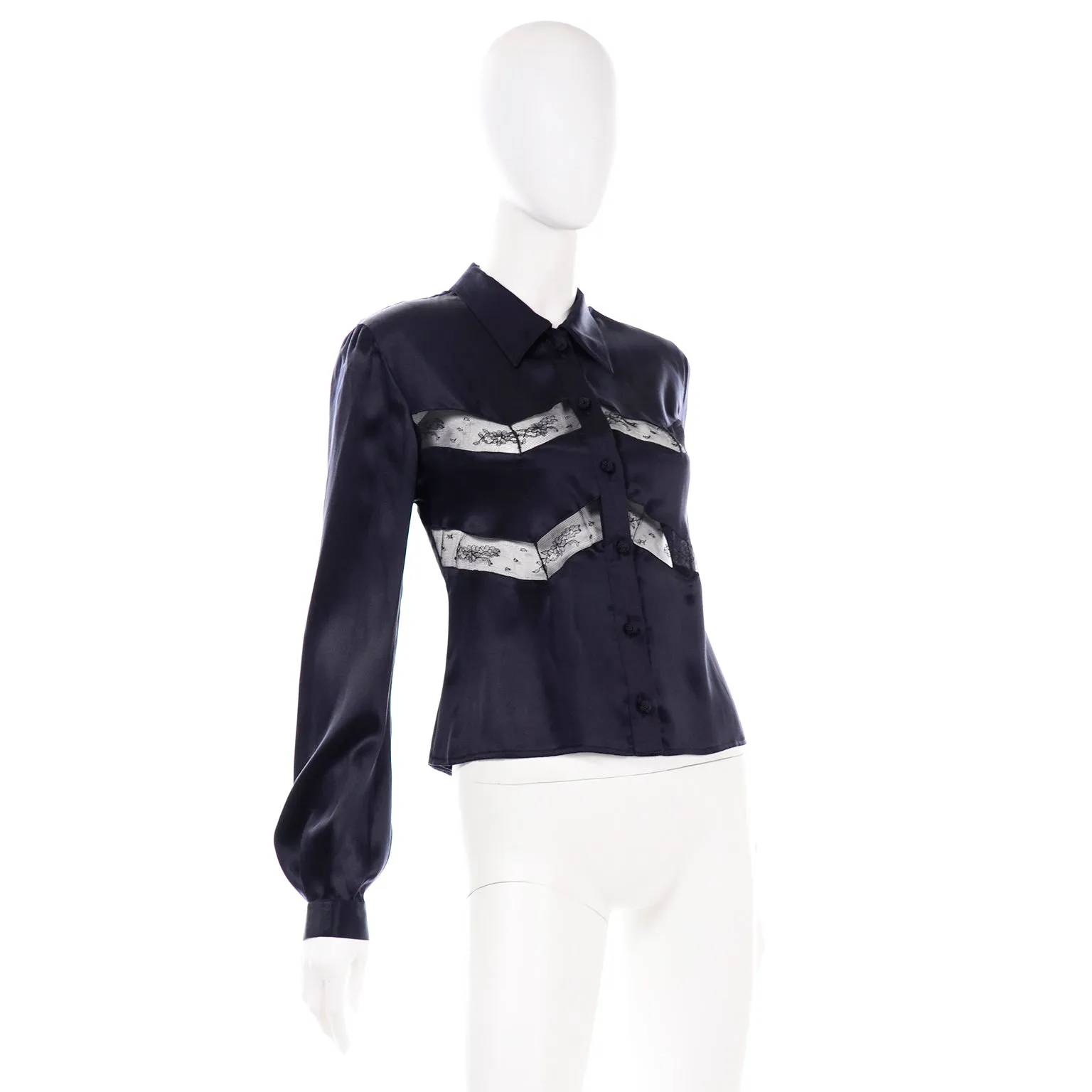 1970s Valentino Black Silk Blouse w/ Chevron Sheer Lace Inserts
