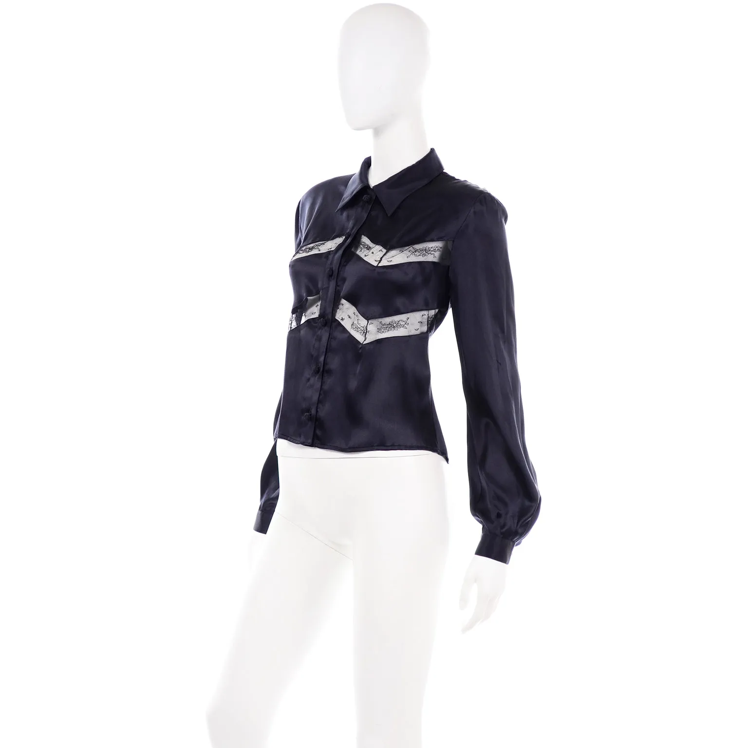 1970s Valentino Black Silk Blouse w/ Chevron Sheer Lace Inserts