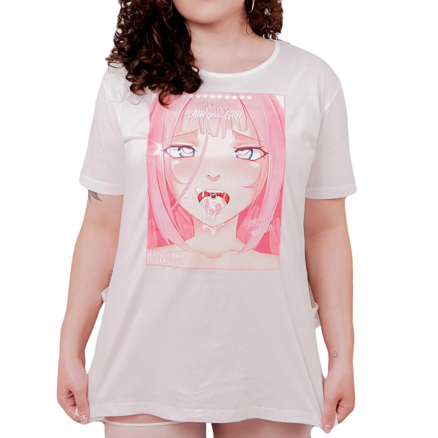 Ahegao Oversized Shirt with Side Splits by Lewd Fashion: Anime Girl Graphic Print T-shirt for Cosplay and Casual Wear (M)