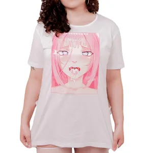 Ahegao Oversized Shirt with Side Splits by Lewd Fashion: Anime Girl Graphic Print T-shirt for Cosplay and Casual Wear (M)