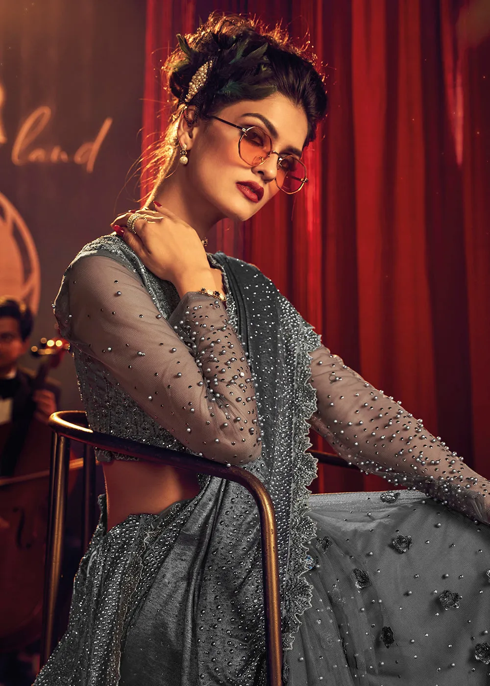 Bridal Party Amazing Grey Premium Net Designer Saree