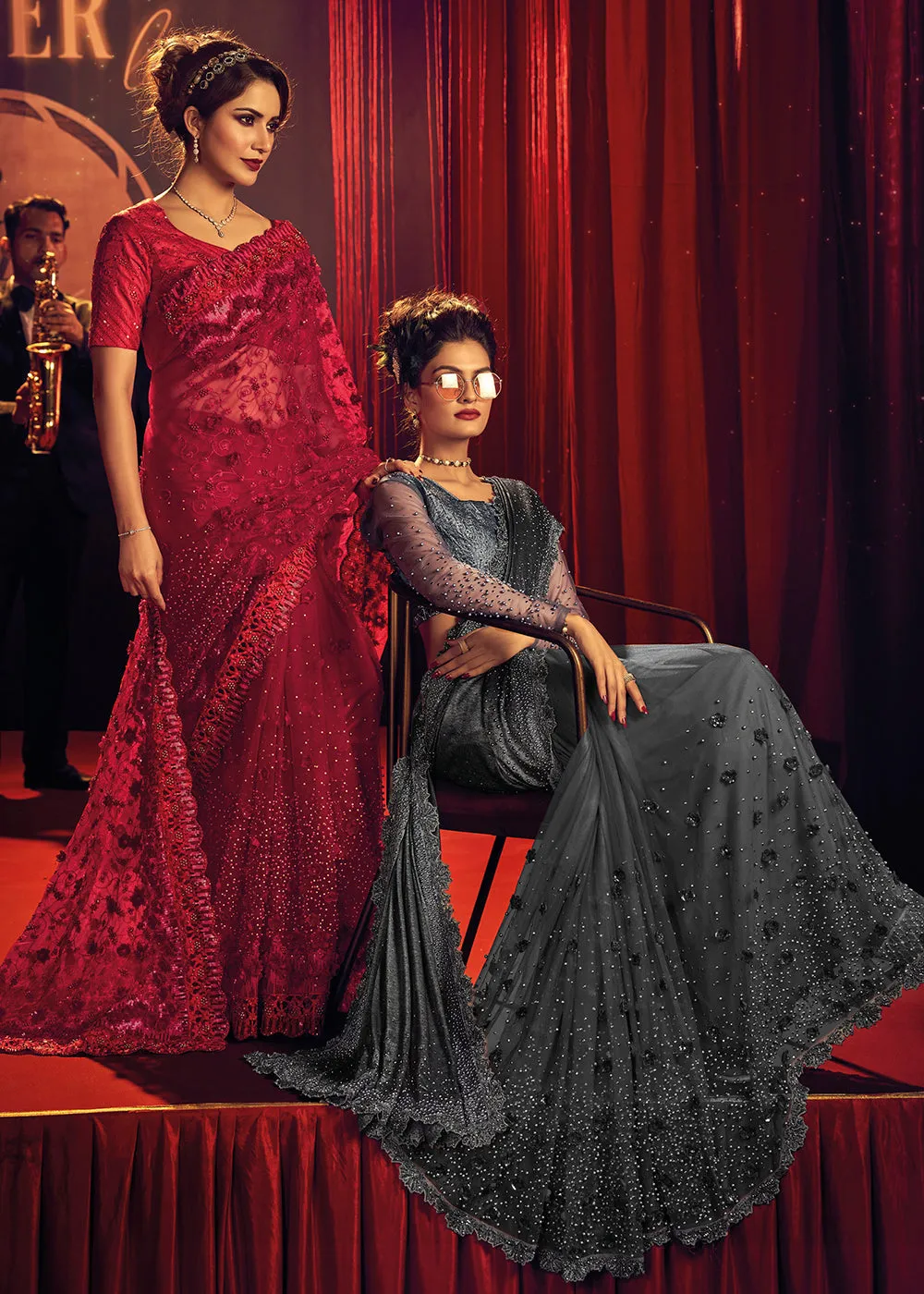 Bridal Party Amazing Grey Premium Net Designer Saree