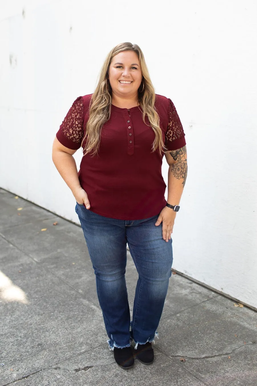 Burgundy Henley Lace SS Top (SM-3X)