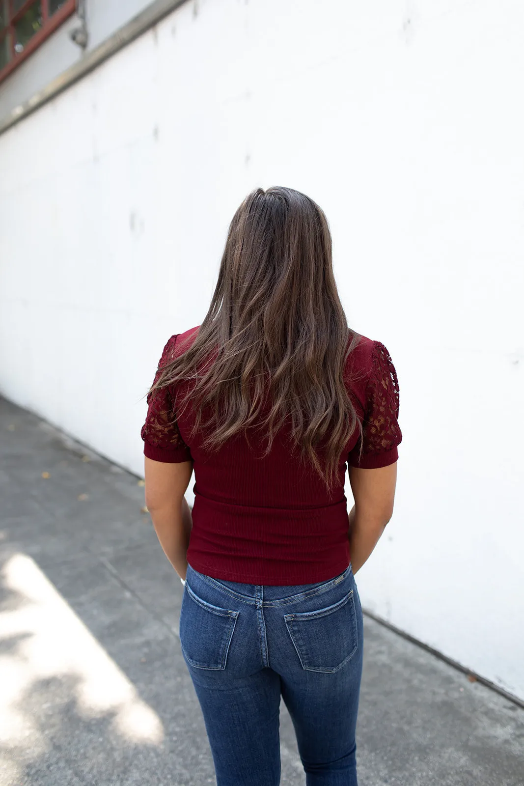 Burgundy Henley Lace SS Top (SM-3X)