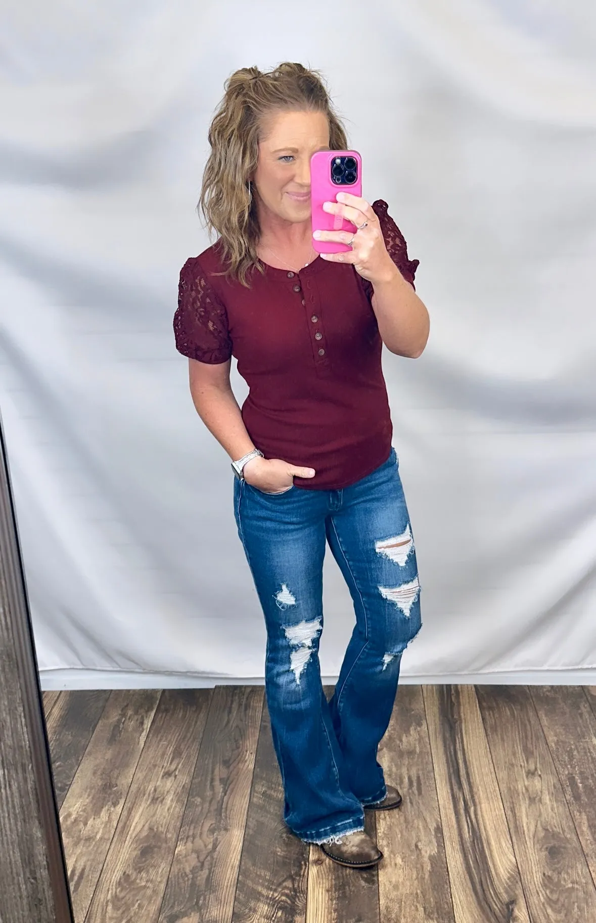 Burgundy Henley Lace SS Top (SM-3X)