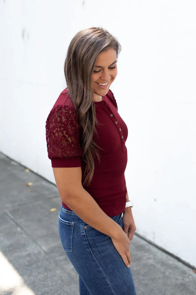 Burgundy Henley Lace SS Top (SM-3X)