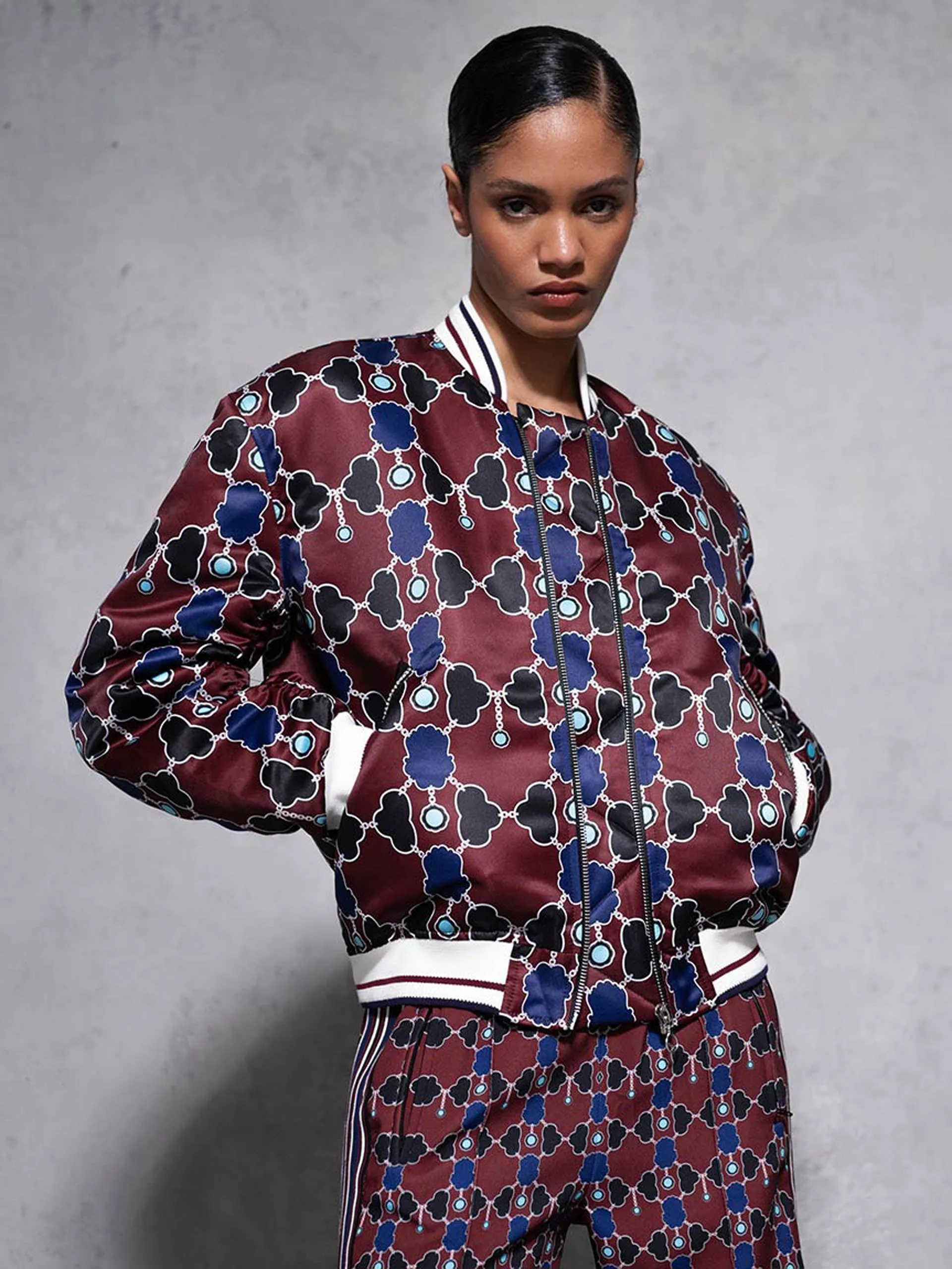 Burgundy lock Iggy satin bomber jacket