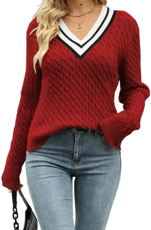 CHARTOU Women's Fall Cable Knit Striped V Neck Long Sleeve Knit Pullover Sweater Top