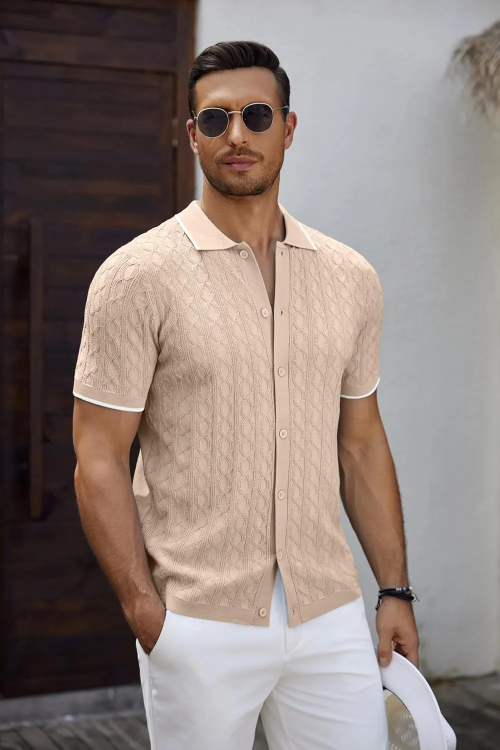 COOFANDY Men's Knit Short Sleeve Shirts Button Down Vintage Knitted Polo Shirt Casual Beach Crochet Cable Vacation Shirt
