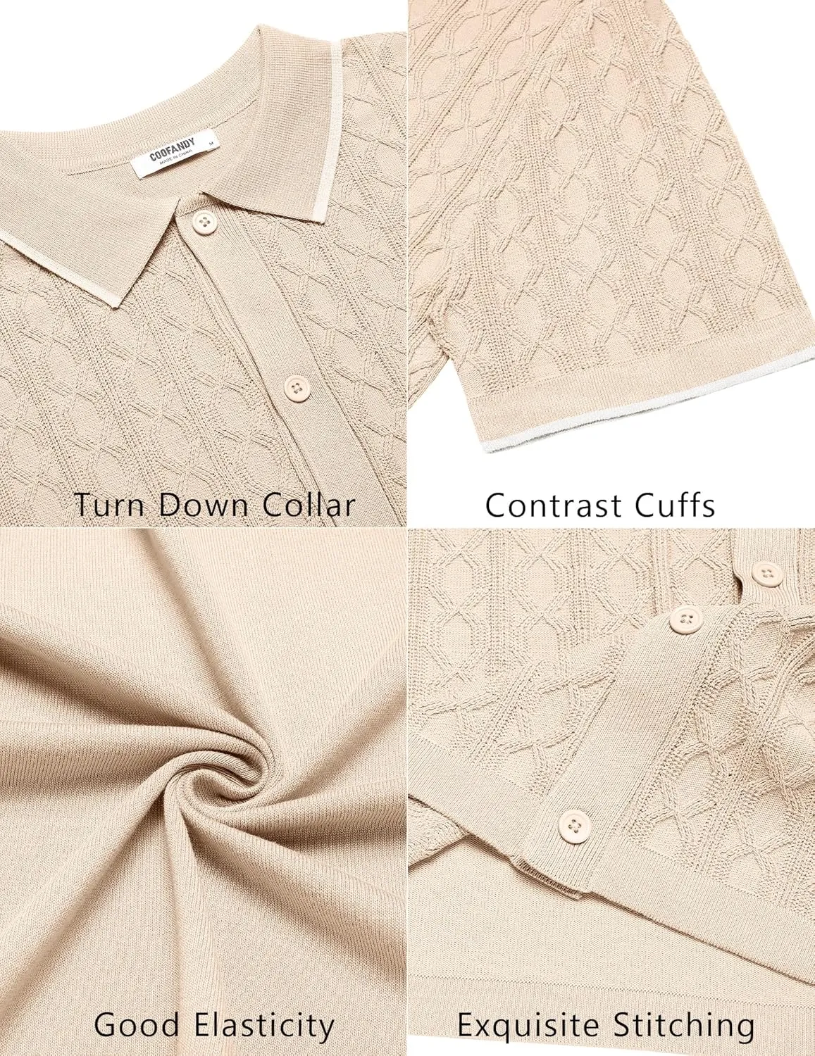 COOFANDY Men's Knit Short Sleeve Shirts Button Down Vintage Knitted Polo Shirt Casual Beach Crochet Cable Vacation Shirt