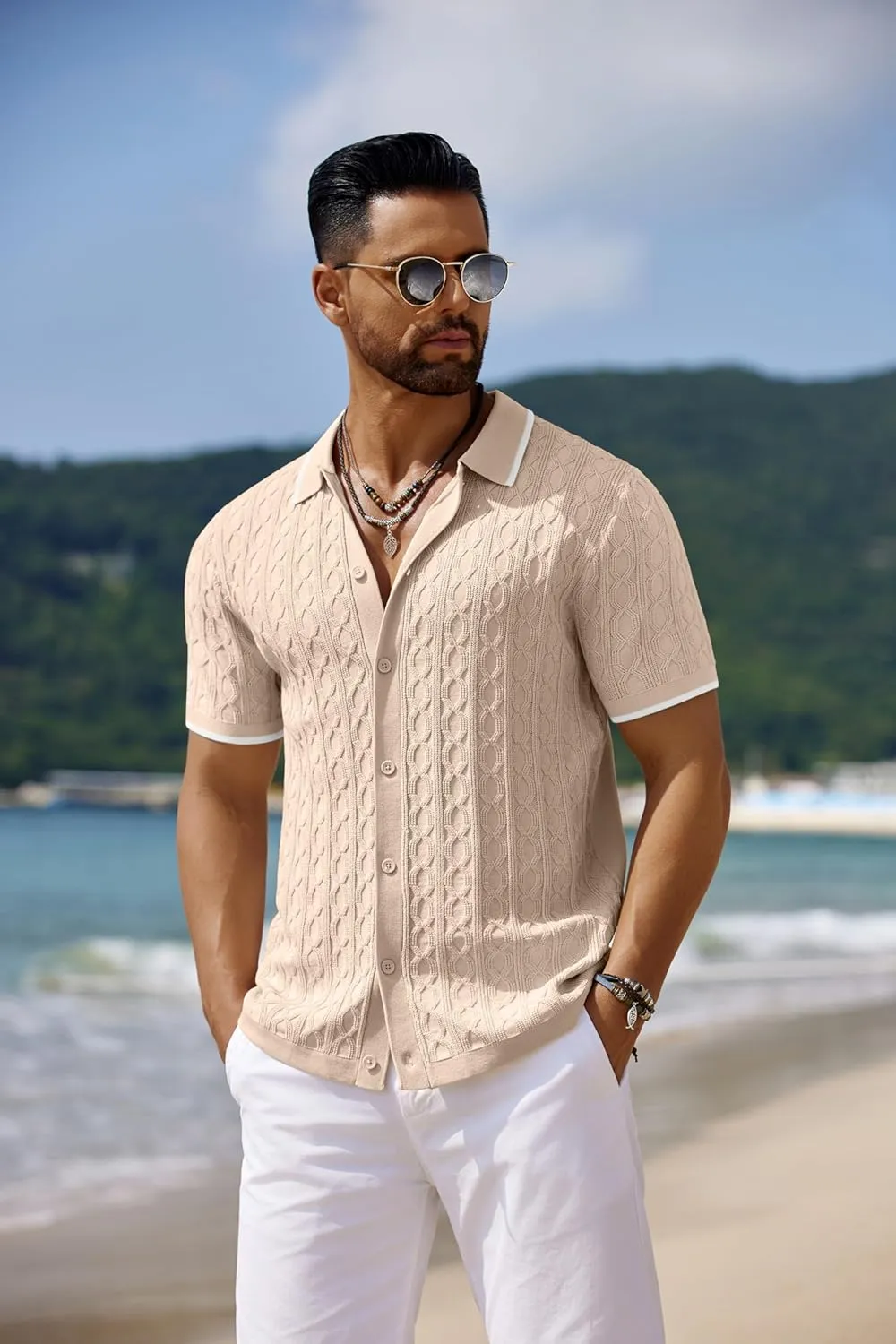 COOFANDY Men's Knit Short Sleeve Shirts Button Down Vintage Knitted Polo Shirt Casual Beach Crochet Cable Vacation Shirt