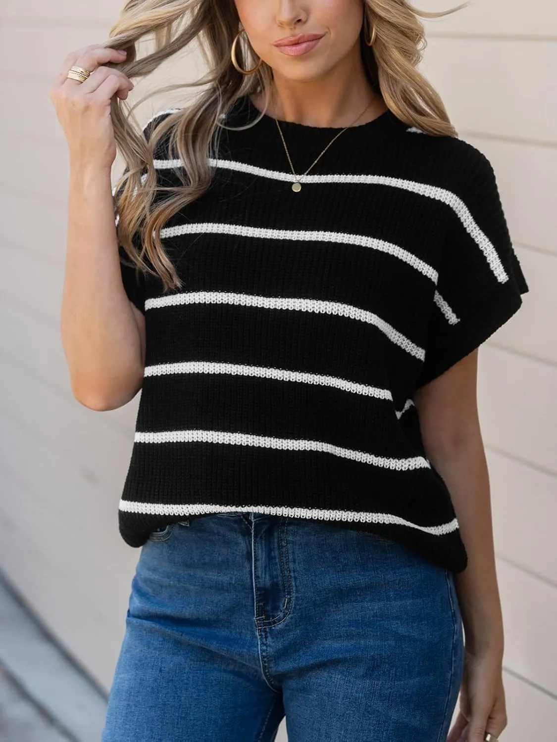 CUPSHE Womens Cap Sleeve Knit Sweater Top 2024 Striped Crew Neck Sweater Vest Casual Pullover Tops