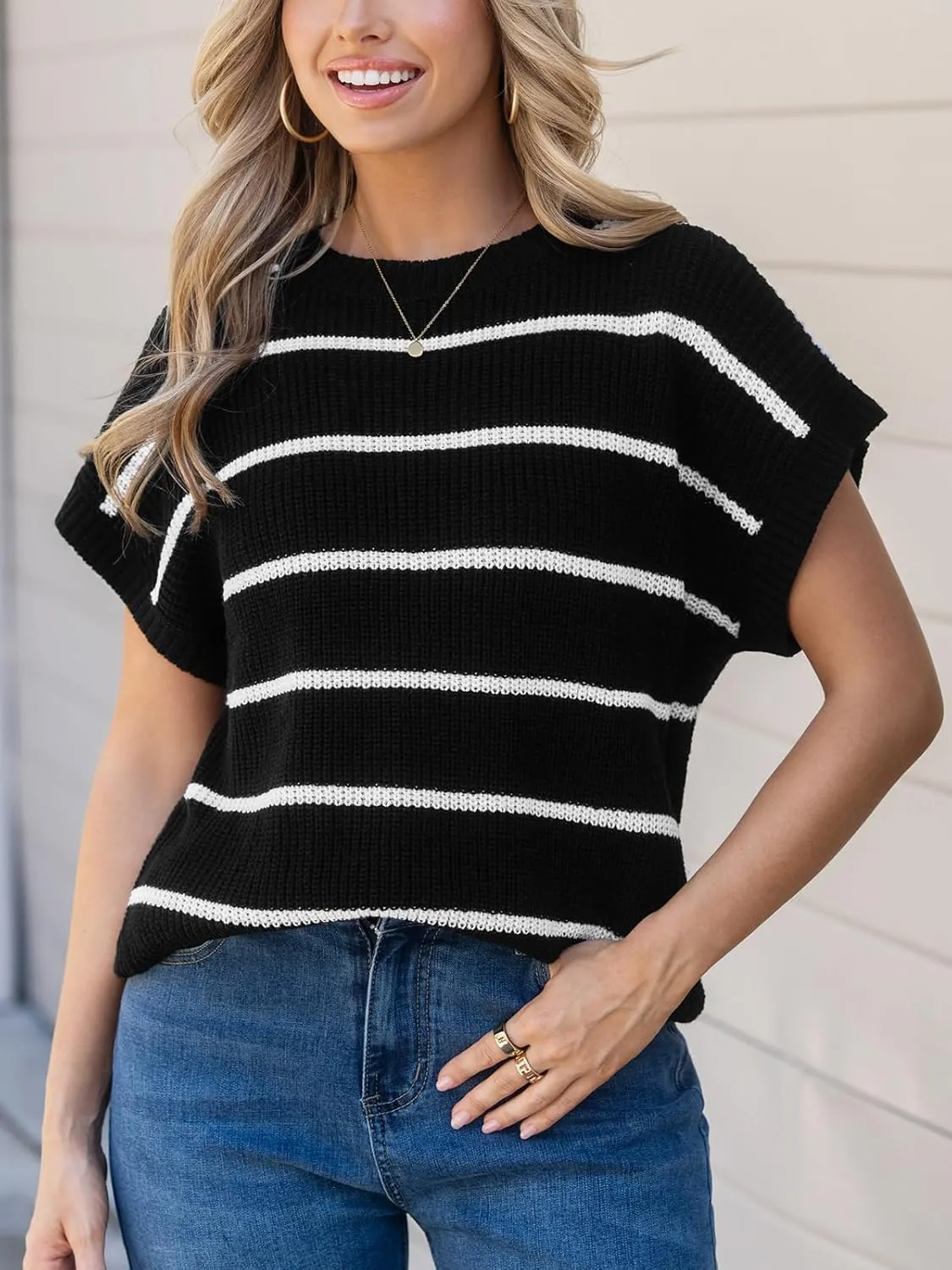 CUPSHE Womens Cap Sleeve Knit Sweater Top 2024 Striped Crew Neck Sweater Vest Casual Pullover Tops