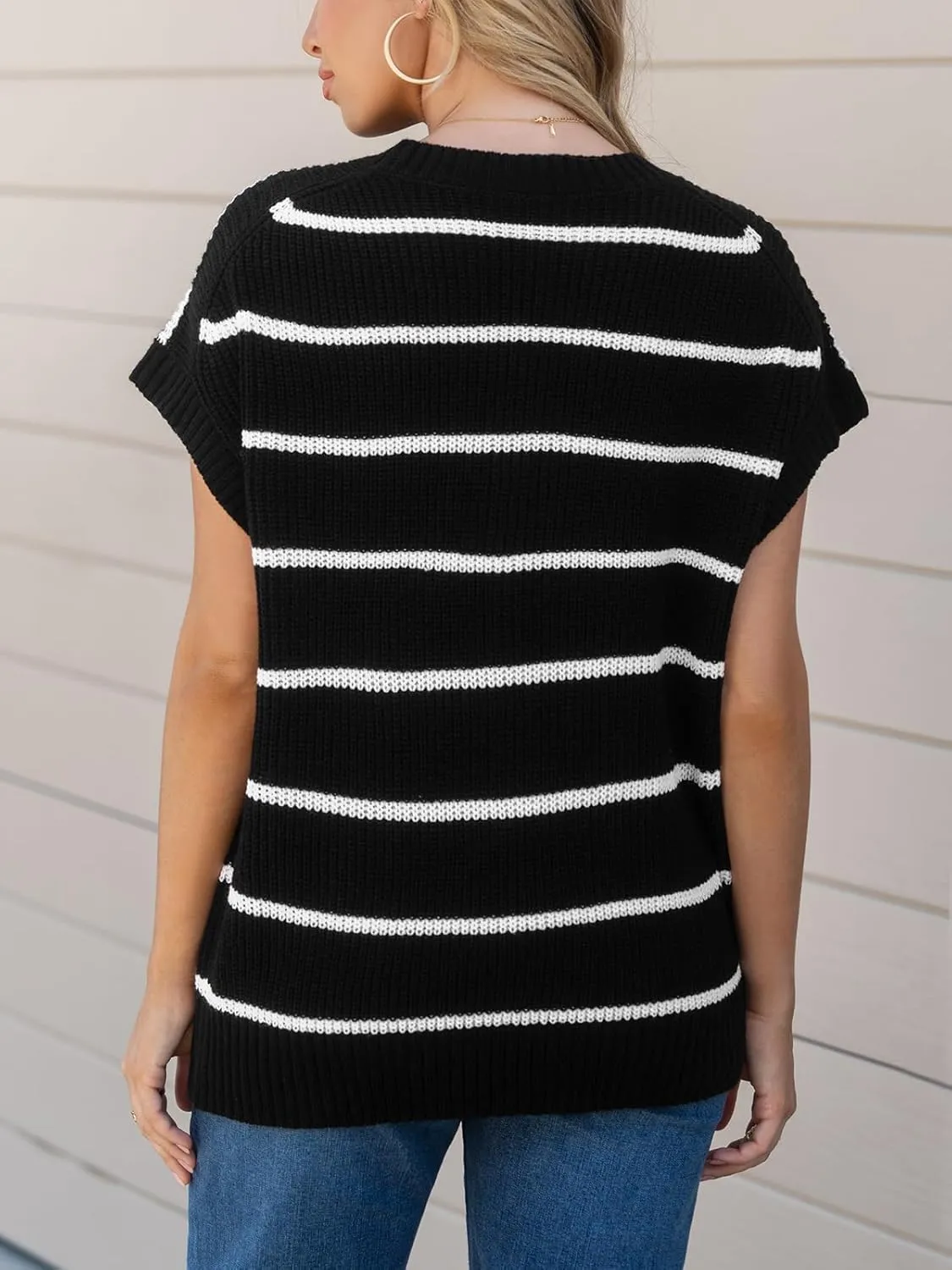 CUPSHE Womens Cap Sleeve Knit Sweater Top 2024 Striped Crew Neck Sweater Vest Casual Pullover Tops
