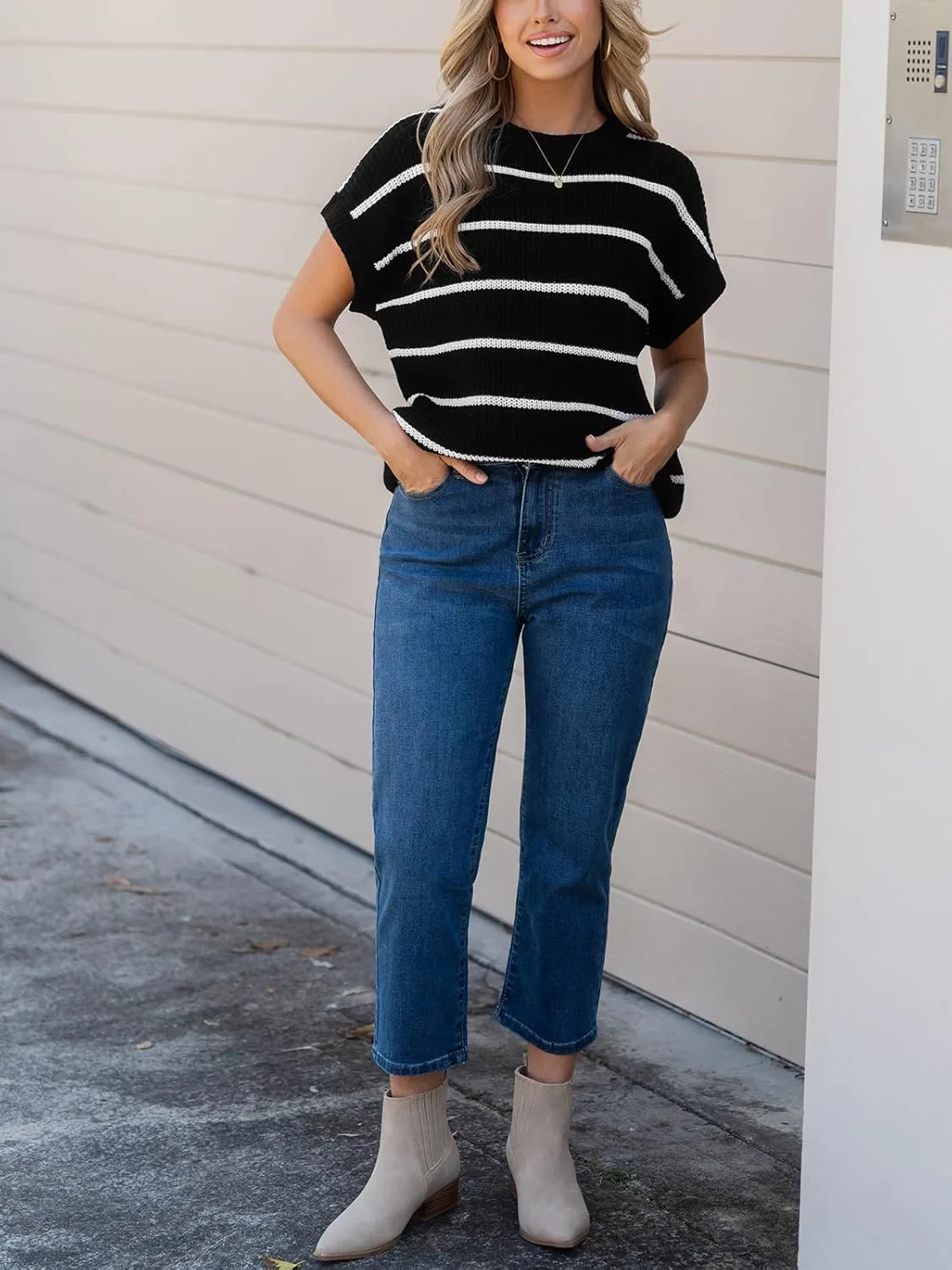 CUPSHE Womens Cap Sleeve Knit Sweater Top 2024 Striped Crew Neck Sweater Vest Casual Pullover Tops