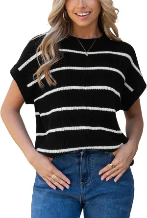 CUPSHE Womens Cap Sleeve Knit Sweater Top 2024 Striped Crew Neck Sweater Vest Casual Pullover Tops
