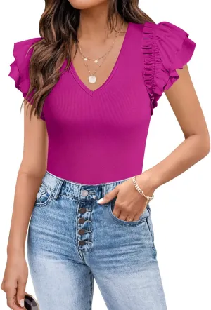 DOROSE Womens Summer Tops Sexy V Neck Casual Ruffle Short Sleeve Shirts Blouses