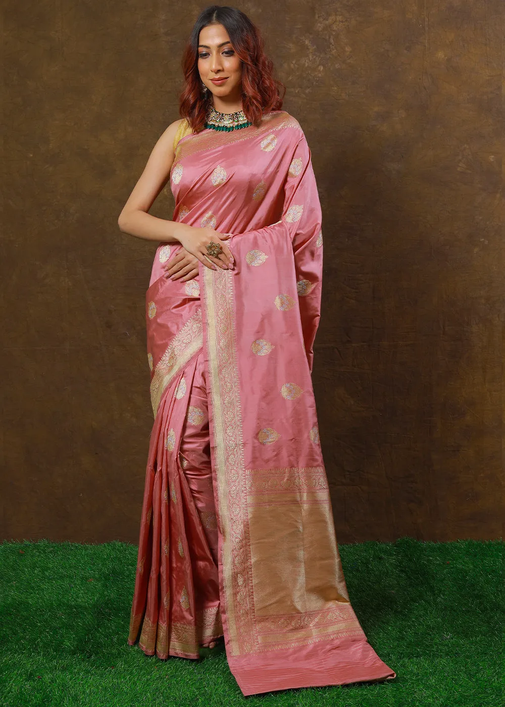 Flamingo Pink Hand Woven Pure Katan Silk Saree