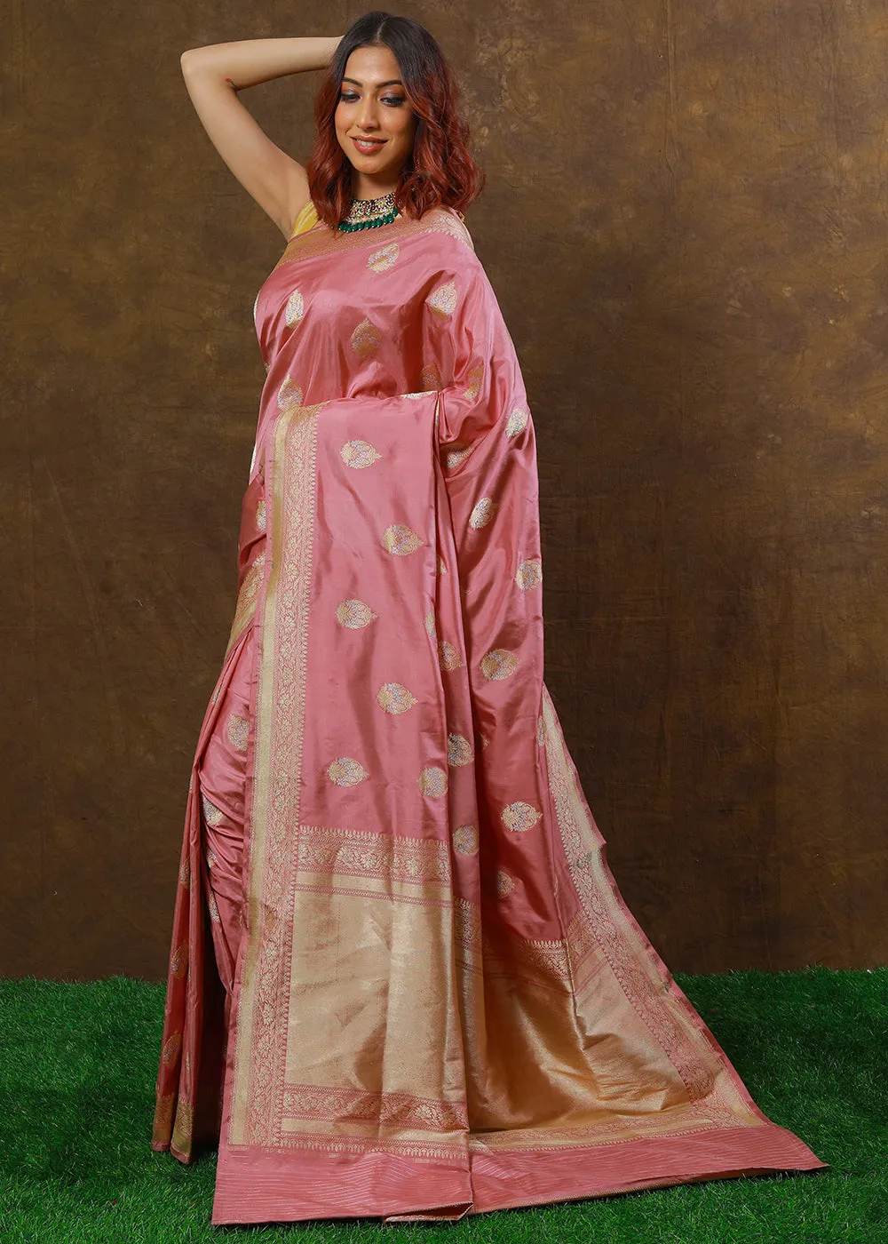 Flamingo Pink Hand Woven Pure Katan Silk Saree