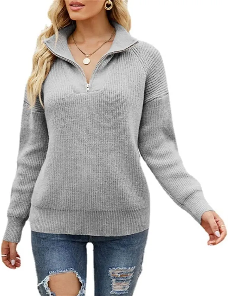 HOULENGS Women's Half Zip Striped Cable Knit Sweater Long Sleeve Lapel Knitted Pullover Sweater Tops