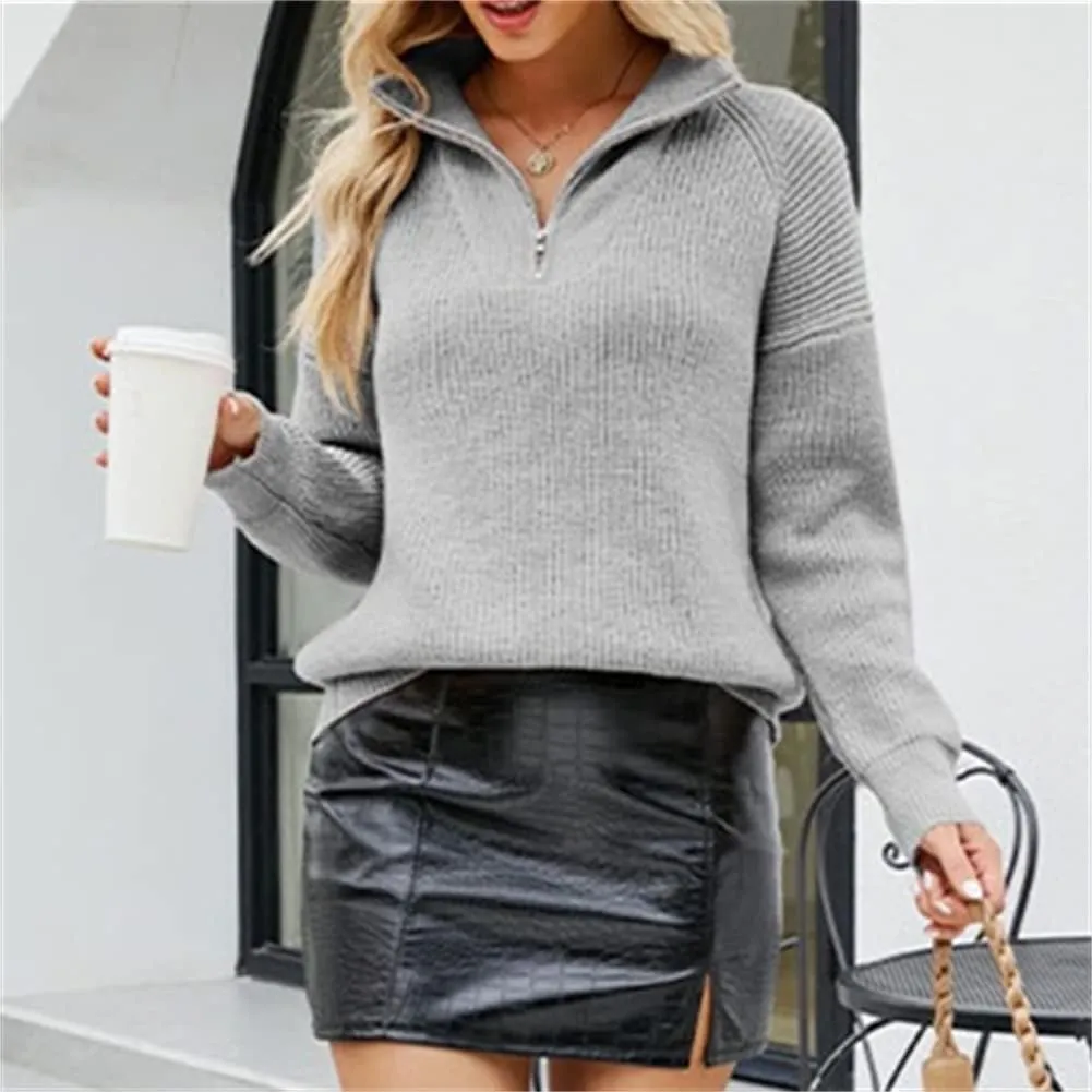HOULENGS Women's Half Zip Striped Cable Knit Sweater Long Sleeve Lapel Knitted Pullover Sweater Tops