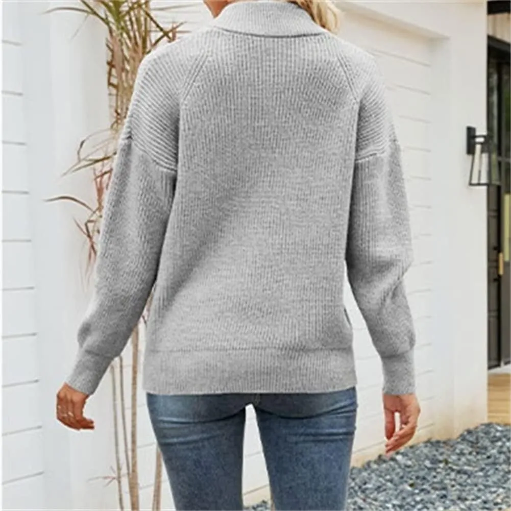 HOULENGS Women's Half Zip Striped Cable Knit Sweater Long Sleeve Lapel Knitted Pullover Sweater Tops