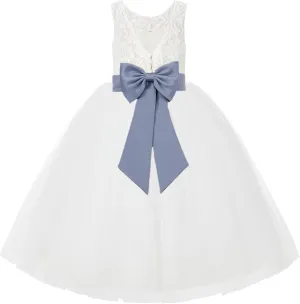Ivory Lace V-Back Tulle Flower Girl Dress for Church Party Dresses 212noFT