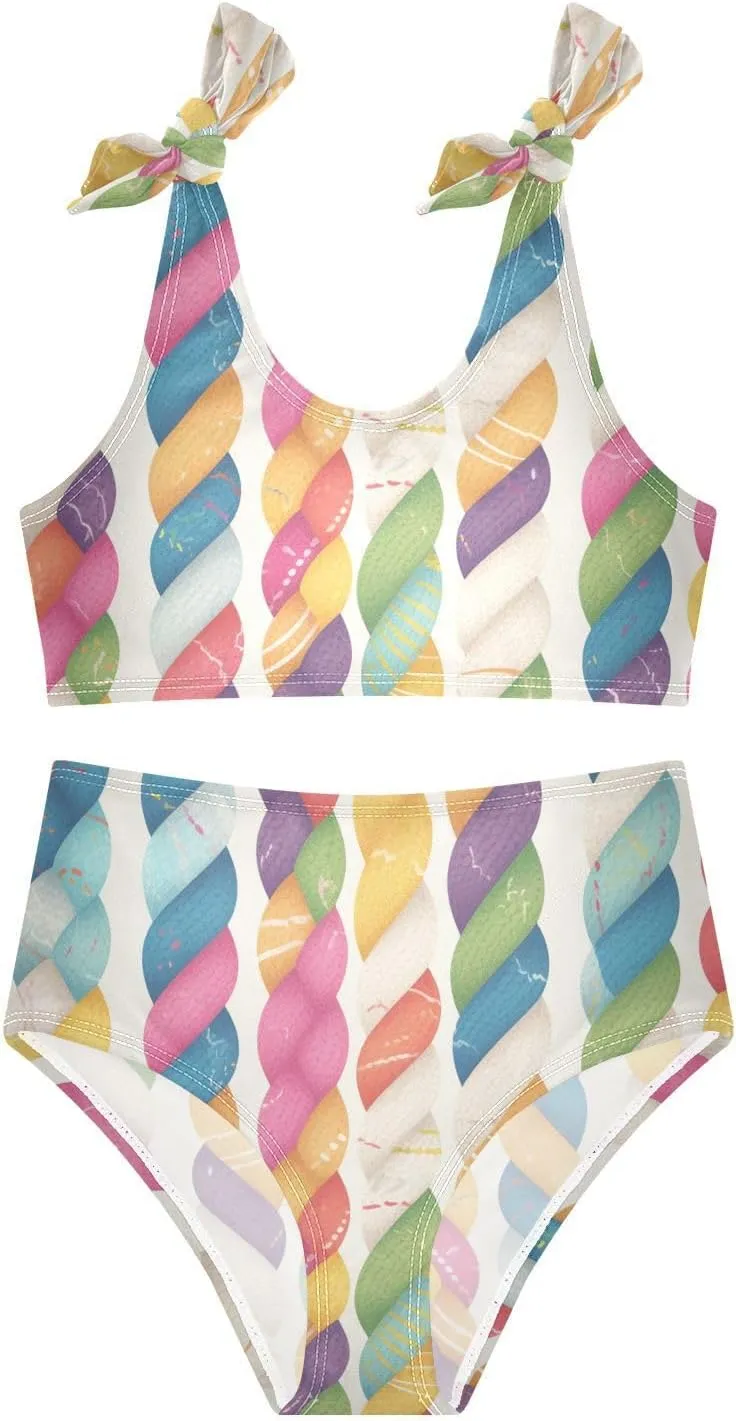 KLL Realistic Knitted Illustration Rainbow Texture Girls' 2 Piecing Bikini Sets Scoop Neck Bathing Suit Swimming Suits