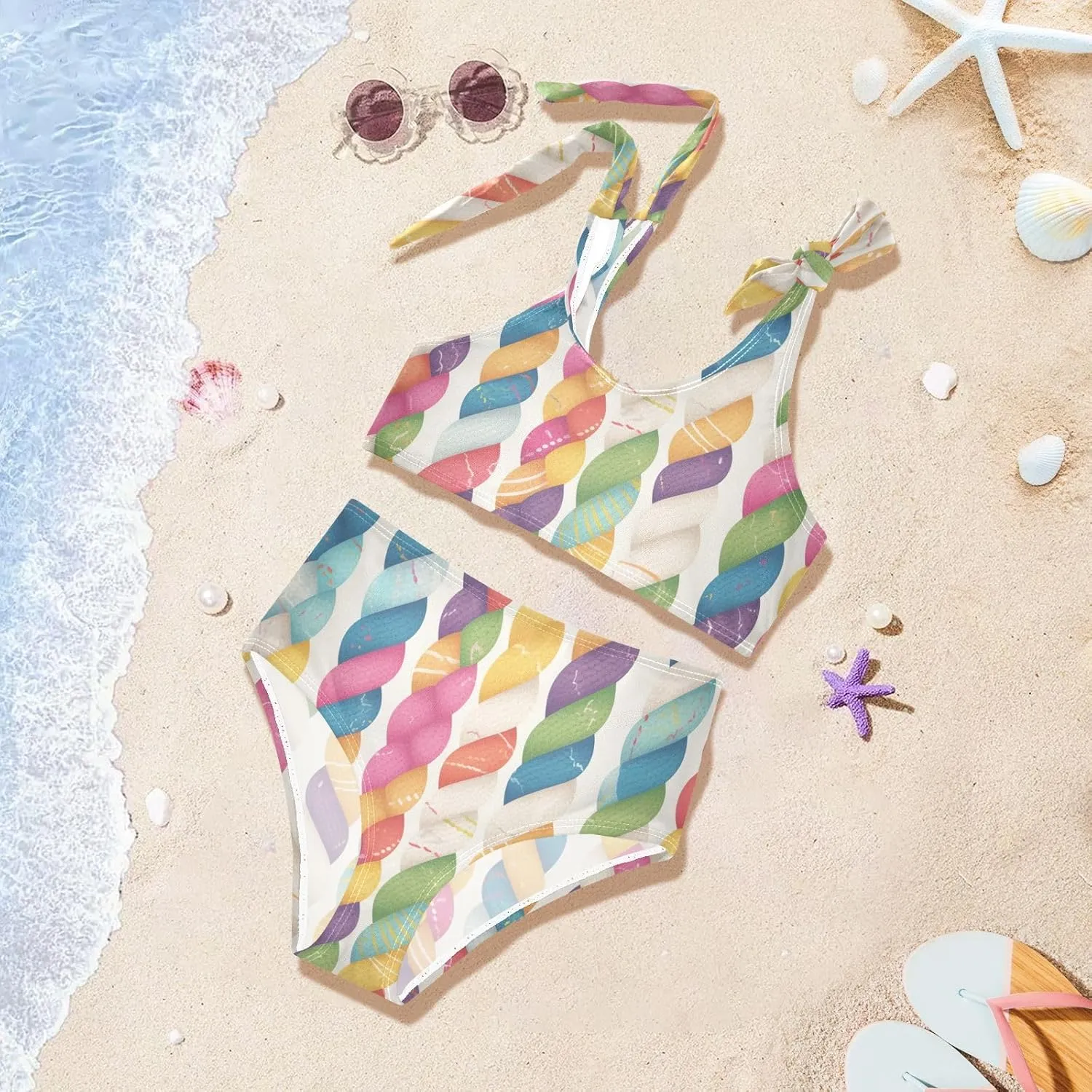 KLL Realistic Knitted Illustration Rainbow Texture Girls' 2 Piecing Bikini Sets Scoop Neck Bathing Suit Swimming Suits