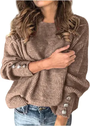 Knit Sweater for Women Solid Button Sleeve Fall Sweater Turtleneck Oversized Sweaters Comfy Warm Pullover Tops S-5XL