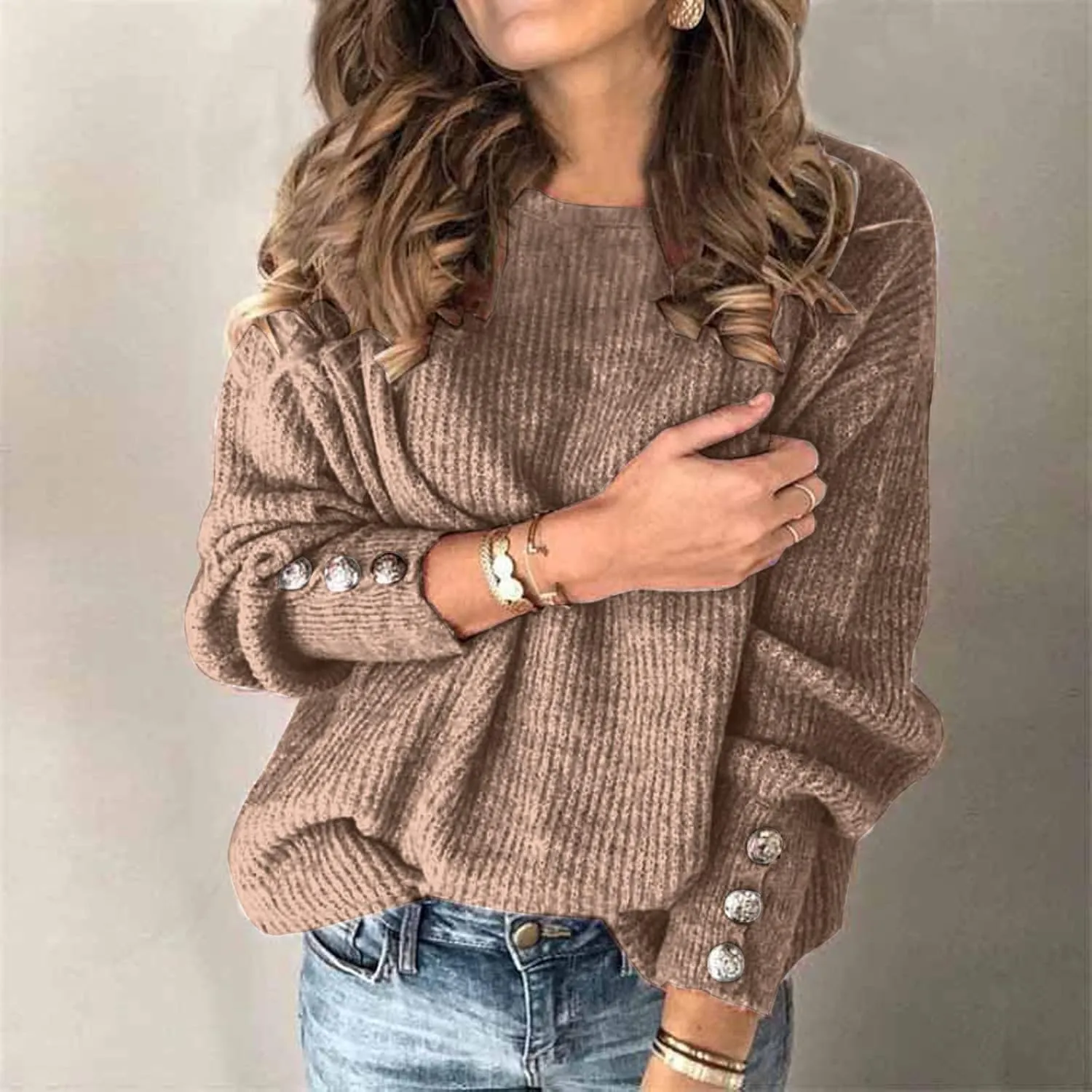 Knit Sweater for Women Solid Button Sleeve Fall Sweater Turtleneck Oversized Sweaters Comfy Warm Pullover Tops S-5XL