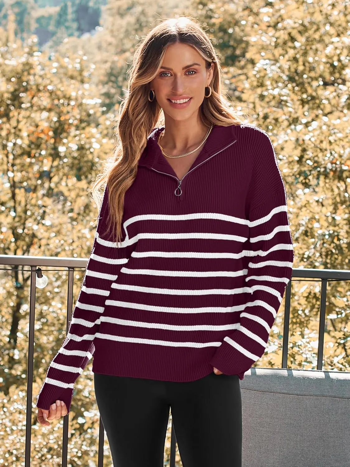 LILLUSORY Women's Quarter Zip Striped Oversized Sweater 2025 Mock Turtleneck Fall Fashion Outfit
