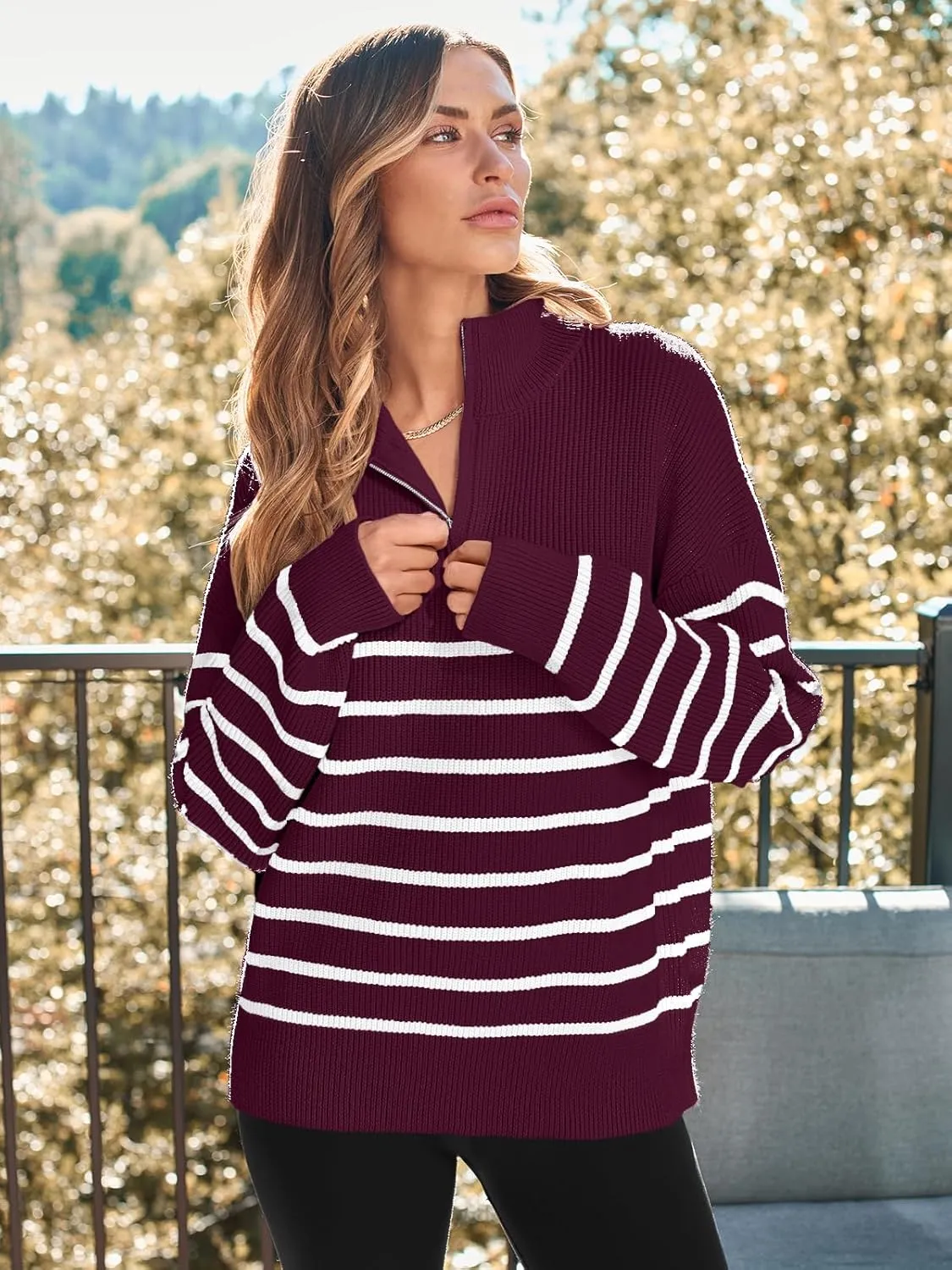 LILLUSORY Women's Quarter Zip Striped Oversized Sweater 2025 Mock Turtleneck Fall Fashion Outfit