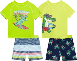 Little Boys Rash Guard Swim Set - 4-Piece Swim Shirt and Bathing Suit Trunks Set (2T-7)