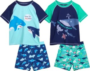 Little Boys Rash Guard Swim Set - 4-Piece Swim Shirt and Bathing Suit Trunks Set (2T-7)