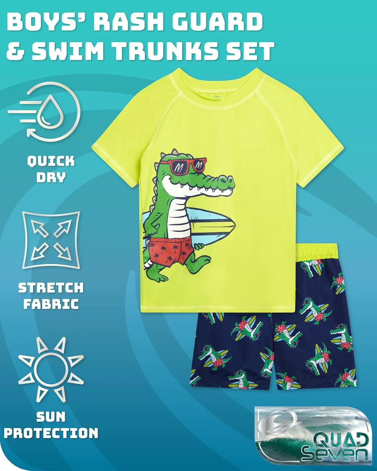 Little Boys Rash Guard Swim Set - 4-Piece Swim Shirt and Bathing Suit Trunks Set (2T-7)