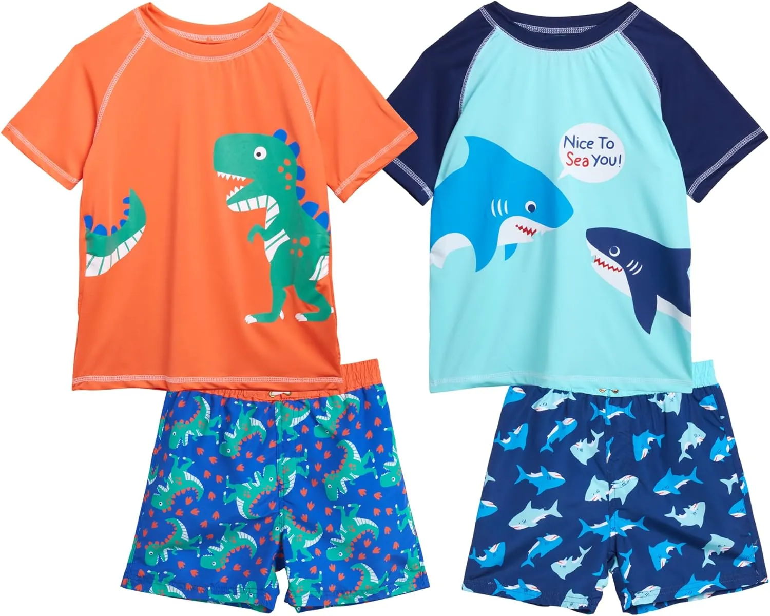 Little Boys Rash Guard Swim Set - 4-Piece Swim Shirt and Bathing Suit Trunks Set (2T-7)
