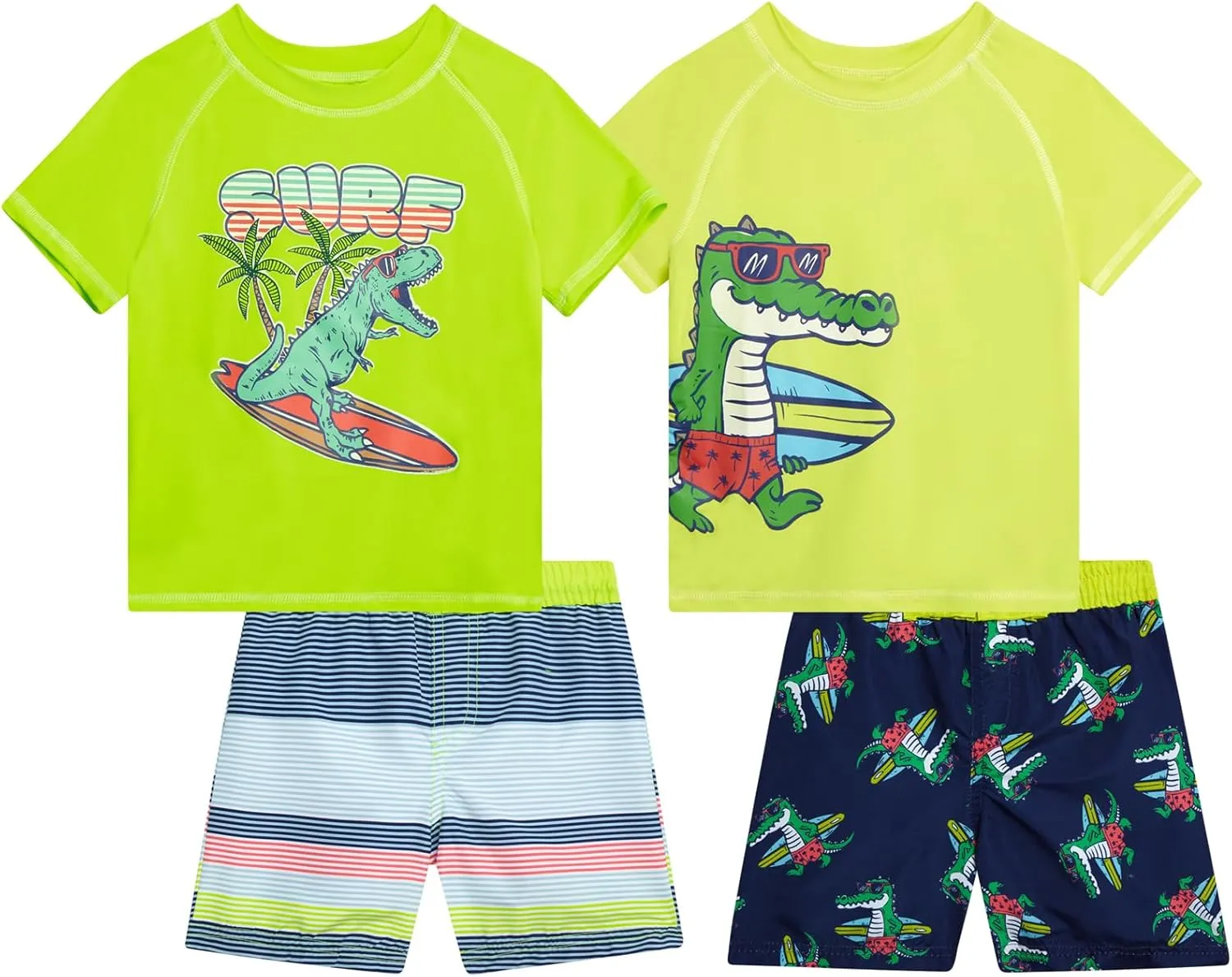Little Boys Rash Guard Swim Set - 4-Piece Swim Shirt and Bathing Suit Trunks Set (2T-7)