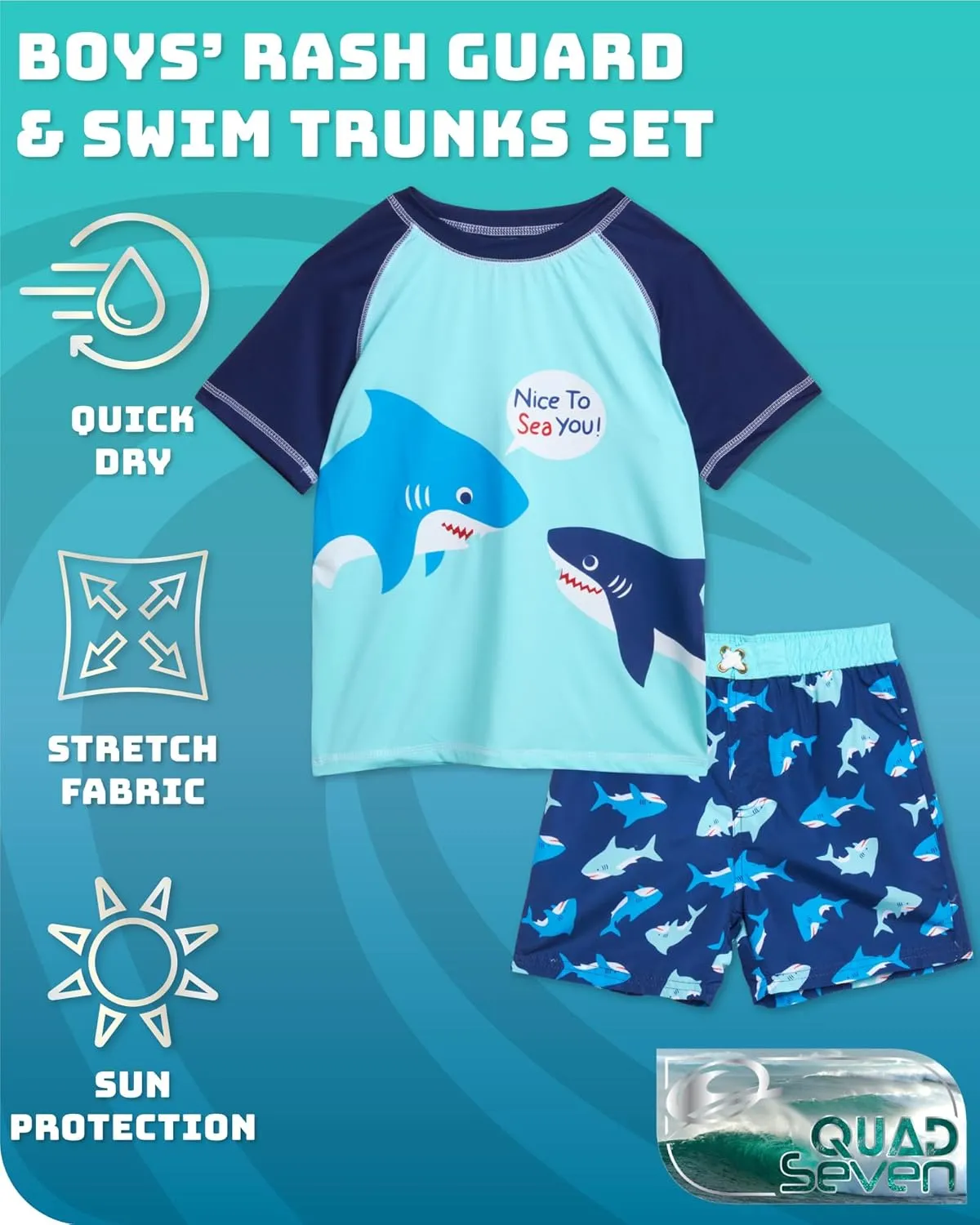 Little Boys Rash Guard Swim Set - 4-Piece Swim Shirt and Bathing Suit Trunks Set (2T-7)