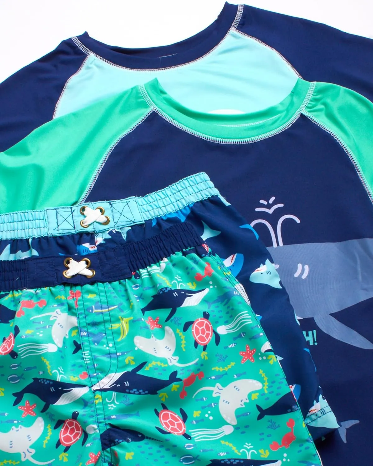 Little Boys Rash Guard Swim Set - 4-Piece Swim Shirt and Bathing Suit Trunks Set (2T-7)