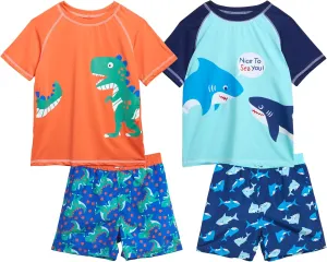 Little Boys Rash Guard Swim Set - 4-Piece Swim Shirt and Bathing Suit Trunks Set (2T-7)