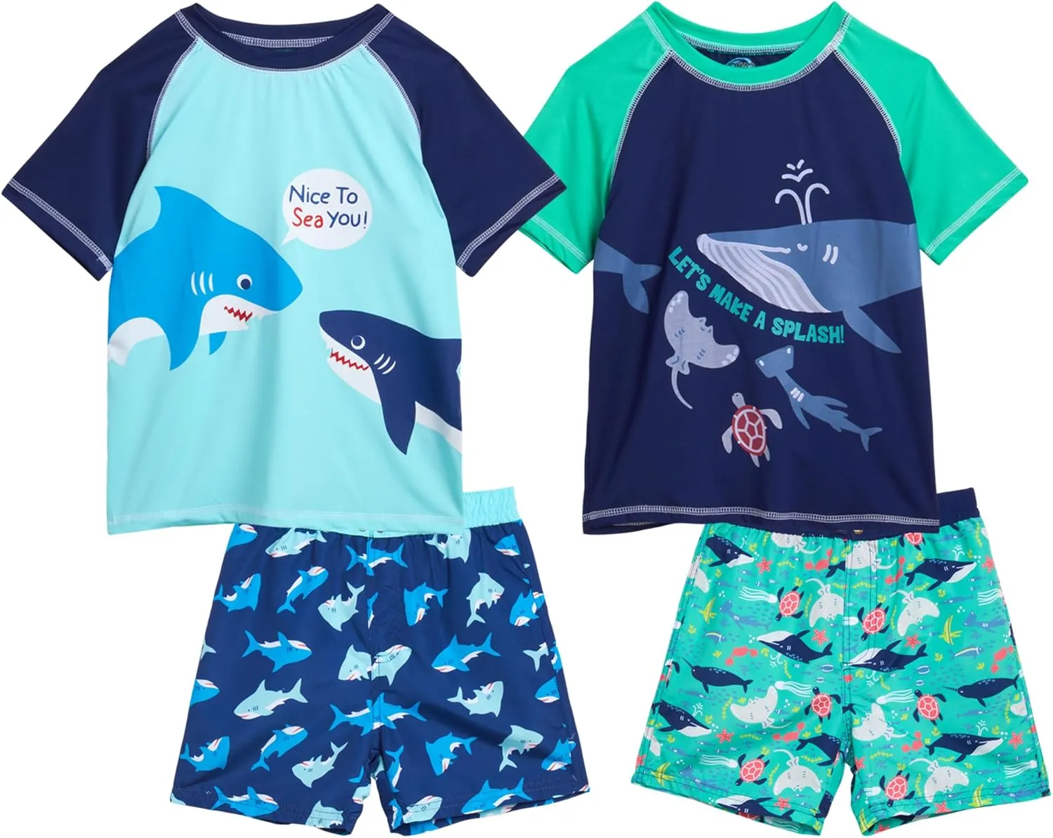 Little Boys Rash Guard Swim Set - 4-Piece Swim Shirt and Bathing Suit Trunks Set (2T-7)