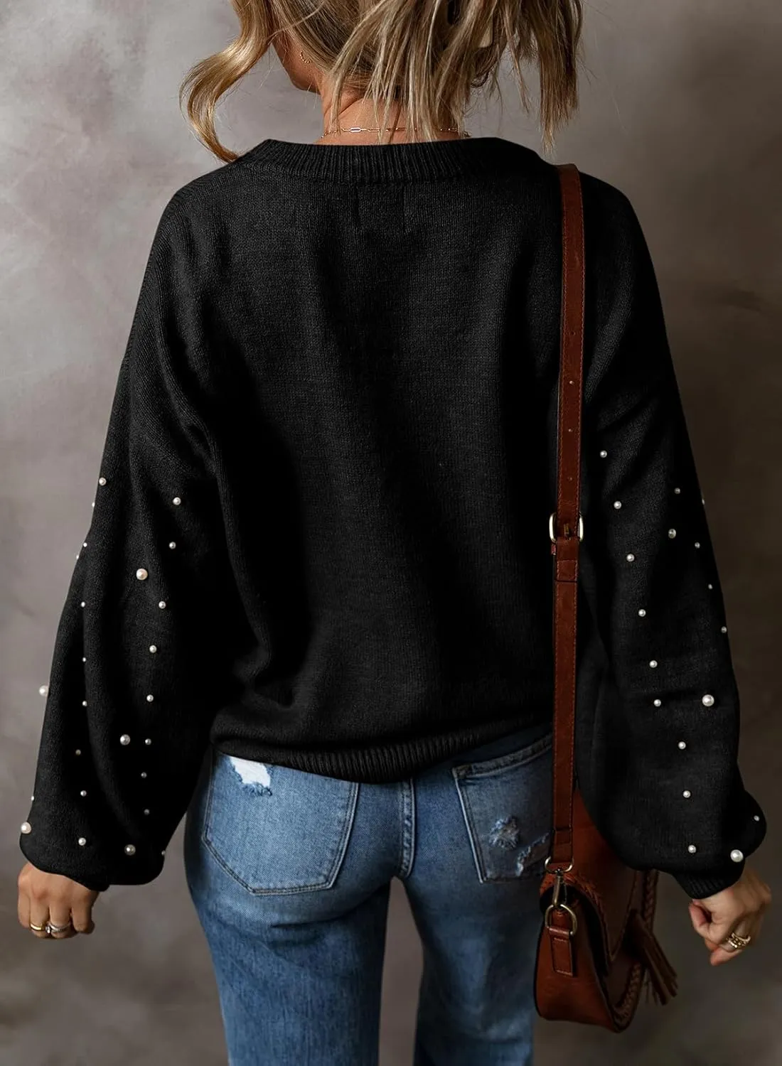 Melliflo Women's Chunky Sweater Crewneck Drop Shoulder Lantern Sleeve Pullover Sweater Pearl Fall Knit Tops