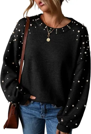 Melliflo Women's Chunky Sweater Crewneck Drop Shoulder Lantern Sleeve Pullover Sweater Pearl Fall Knit Tops