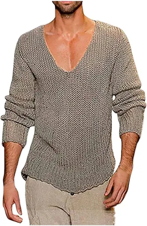 Mens Deep V Neck Sweater Slim Fit Lightweight Knitted Pullover Stylish Sweater Muscle Long Sleeve Low Cut Vneck Tee