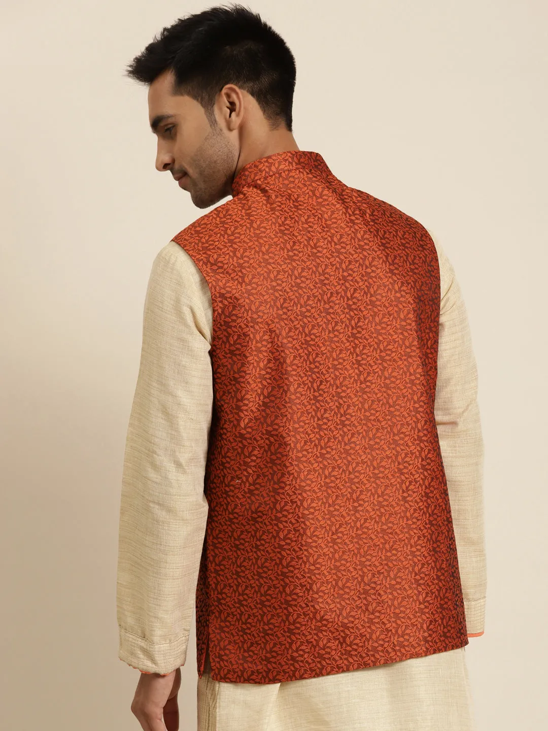 Men's Jacquard Silk Orange Self Design ONLY Nehrujacket - Sojanya
