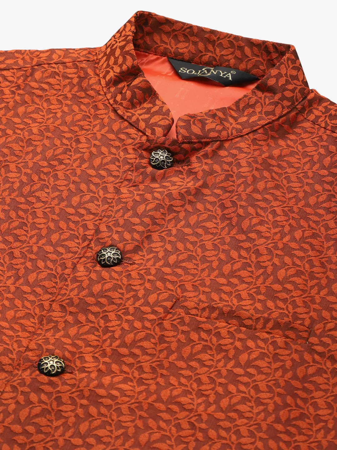 Men's Jacquard Silk Orange Self Design ONLY Nehrujacket - Sojanya
