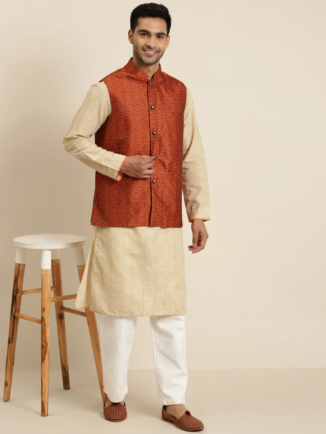 Men's Jacquard Silk Orange Self Design ONLY Nehrujacket - Sojanya