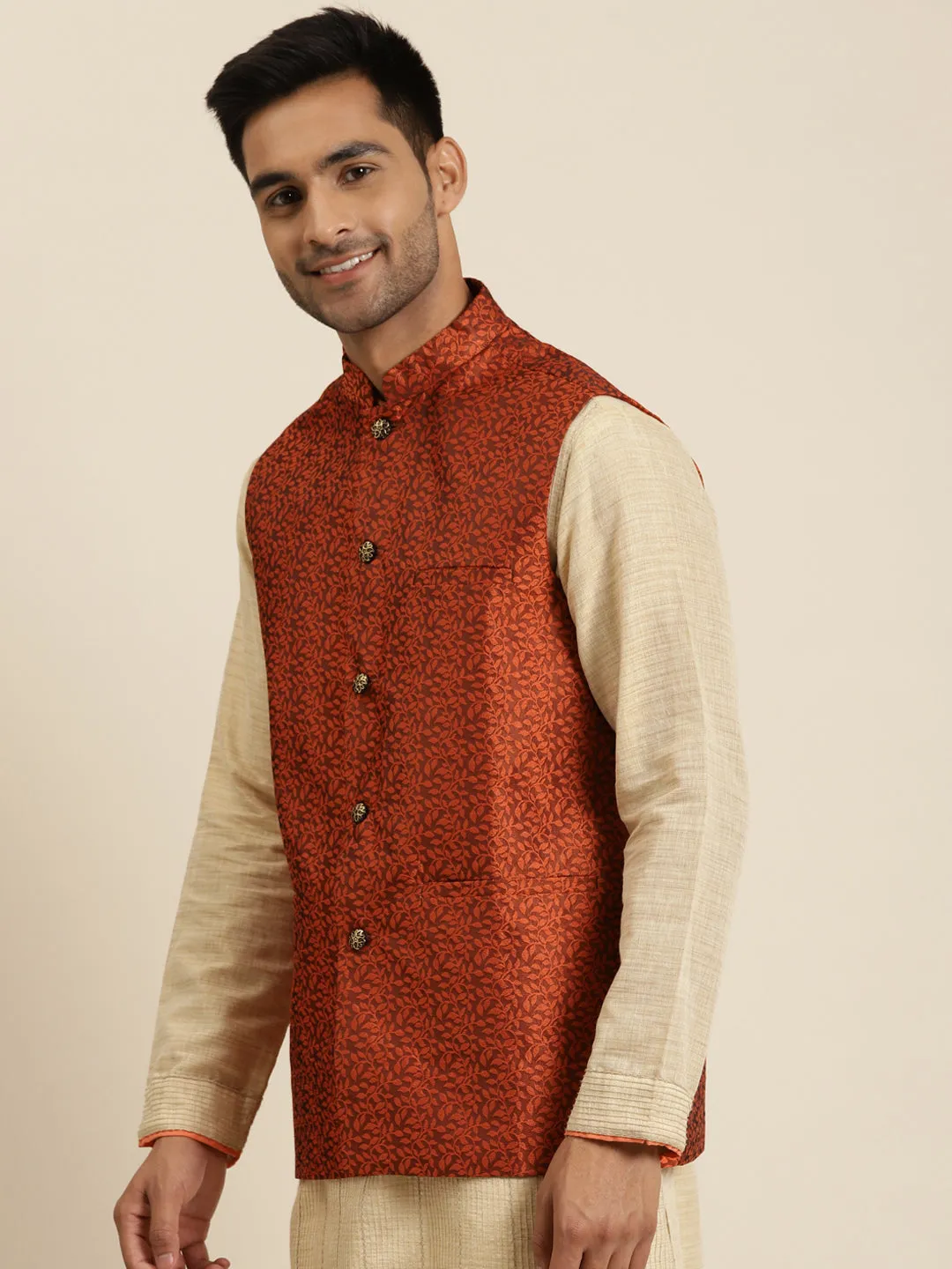 Men's Jacquard Silk Orange Self Design ONLY Nehrujacket - Sojanya